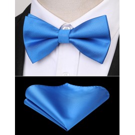 HISDERN Blue Bow Ties for Men Pre-Tied Solid Color Bow Tie and Pocket Square Classic Tuxedo Clip on Bowties Handkerchief Set for Wedding