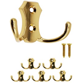 FUXXER® Classic Coat Hooks, Clothes Hooks, Double Hooks, Kitchen Hooks, Iron Design, Set of 5 (Gold)