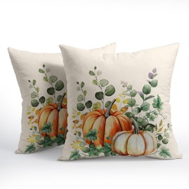 Fall Throw Pillow Cover 18x18 Inch Pack of 2 Autumn Watercolor Pumpkin Sage Green Leaf Outdoor Pillow Protector Thanksgiving Sofa Cotton Linen Square Pillow Set Farmhouse Pillowcases for Home Bed