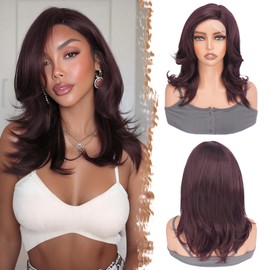 Deep Burgundy Wig for Women – Lace Front Straight Wig with Side Part, Layered Ends & Natural Yaki Texture, Soft Lightweight Synthetic Hair Wig - Deep Burgundy, 14 Inch