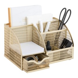 BLU MONACO Gold Desk Organizer with Drawer – Small Desk Caddy & Accessories, Pencil Holder for Office Supplies & Accessories