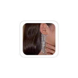 YRlilicc 2PCS Glitter Rhinestone Long Tassels Dangle Ear Cuff Vintage Non-Piercing Fake Earrings Bridal Wedding Climber Ear Wrap Prom Ball Jewelry for Women
