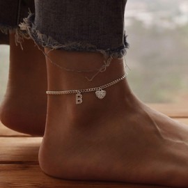Feskive Initial Ankle Bracelets for Women Silver Plated Dainty Cuba Thin Chain Letter Name Anklets Cubic Zirconia Heart Anklets Bracelets Waterproof Minimalist Simple Anklets Fashion Summer Jewelry Anklet For Women