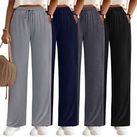 Oakgarden 4 Pack Women's Lounge Pants, Comfy Wide Leg Yoga Pants High Waisted Drawstring Baggy Sweatpants with Pockets(Black, Dark Gray, Navy Blue, Light Gray,Large)