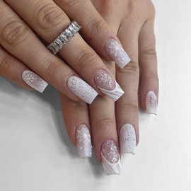 Christmas Press on Nails Snowflake Fake Nails Medium French Tip Glue on Nails Winter Snowflakes False Nails Square Shape Acrylic Nails Full Cover Cute Stick on Nails for Women Holiday Manicure