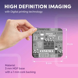 Destination Vinyl ltd Great Coasters (Set of 4) Square - BW - Film Buff Movie Cinema Treats Drink Glossy Coasters/Tabletop Protection for Any Table Type #41084