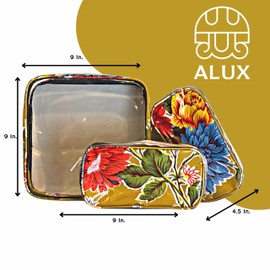 Alux 3-Pc Travel Makeup Bags for Women; Multi-Color, Chic and Stylish Travel Toiletry Bag Set; Large and Medium Makeup Bags for Vanity and Luggage and Small Makeup Bag for Purse - Chrysanthemums Gold