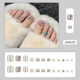 Diamond Press on Toenails Short Square Stick on Toenails with Glitter Rhinestone Design Glossy Summer Glue on Toenails Beach False Toenails Reusable Gem Fake Toenails for Women Girls Manicure 24Pcs