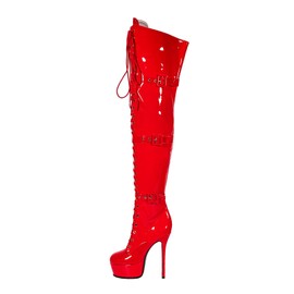 Emfnzd Women's Sexy Thigh High Heels Cross Lace Up Over Knee Platform Boots Unisex Round Head Plus Size-Red13