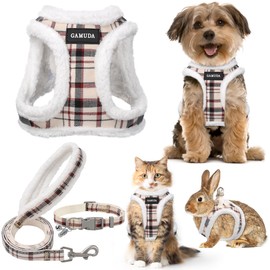 GAMUDA Small Dog Harness Collar and Leash Set, Step in No Chock No Pull Soft Mesh Adjustable Dog Vest Harnesses Plaid Reflective for Dogs Puppy Cats Kitten Rabbit (Warm Beige, XXXS)