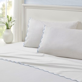 Peri Home Standard Queen Size Pillow Cases, 2 Pack, Breathable Soft 300 TC 100% Cotton with Embroidered Scalloped Edge, Set of 2 Pillowcases, Standard/Queen, White with Blue Scallop