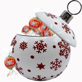 Christmas Chocolate Candy Filled Gift Box, Snowflake Ornament Glitter Ceramic Holiday Candy Dish with Red, Green and Gold Peanut Butter Cups, Christmas Treat Basket Gift and Table Centerpiece Décor