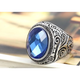 Flongo Men's Vintage Stainless Steel Statement Ring Celtic Knot Blue Glass Class Band, Size Z+5