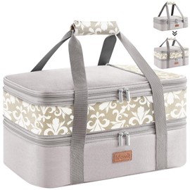 Lifewit Expandable Insulated Casserole Carrier for Hot or Cold Food, Double Decker Food Bag Lasagna Holder Carry Tote for Potluck Parties/Picnic/Cookouts, Fits 9"x13" Baking Dish, Grey-Flowers