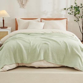 EMME Cotton Blanket 100% Muslin Blanket Adult 127 x 152 cm, Sofa Blankets Breathable Soft Large Blanket All Seasons Prewashed Couch Blankets Cotton Bedspread, Sage Green