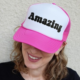 NACRE APPAREL Amazing Puff Print Trucker Hat Foam Vinyl Adjustable Trucker Hat Soft Pink/White/Soft Pink #216
