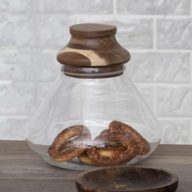 Bloomingville 7.75 Inches Round 2.5-Quart Glass Acacia Wood Lid for Kitchen, Natural Jar, Clear