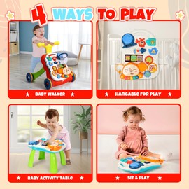 TOY Life 3 in 1 Baby Push Walker and Activity Center, Sit to Stand Walker for Babies 6-12 Months, Baby Walking Toys with Music Panel for Girls Boys, Toddlers Push Toys Gifts for Learning to Walk Red
