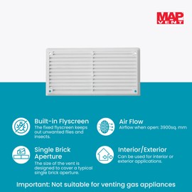 Map Plastic Louvre Air Vent Cover with Flyscreen, for Openings: 6" x 3" (150mm x 75mm), Ventillation Grille Cover, White