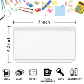 QiXin 60pcs Transparent A6 Binder Pockets 6 Holes Zipper Folders PVC Card Loose Leaf Bags Cash Envelopes for Budgeting Binder Waterproof Filing Bags for 6 Ring Notebook Planner Inserts