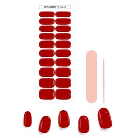 Semi Cured Gel Nail Strips - 20 Extra Long Nail Wraps │ Long-Lasting & Salon-Quality with Soft Gel Finish │ Easy Application & Removal - Includes Nail File & Wooden Stick (Red)