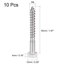 sourcing map Hex Lag Screws, M6 x 50mm 304 Stainless Steel Half Thread Self-Tapping Bolts for Wood Screw 10Pcs