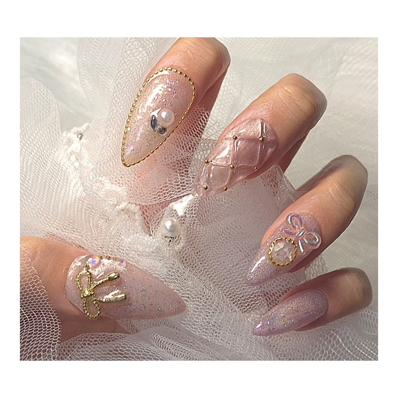 [In-store special discount] Light pink gold point quilting handmade nail