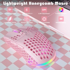 SOLAKAKA SM600 Pink Wireless Gaming Mouse with Honeycomb Shell, Side Buttons,Tri-Modes(BT5.1+BT5.1+2.4GHz) Lightweight RGB Wireless Mouse for PC/Tablet/Desktop/Office/Games
