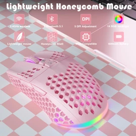 SOLAKAKA SM600 Pink Wireless Gaming Mouse with Honeycomb Shell, Side Buttons,Tri-Modes(BT5.1+BT5.1+2.4GHz) Lightweight RGB Wireless Mouse for PC/Tablet/Desktop/Office/Games