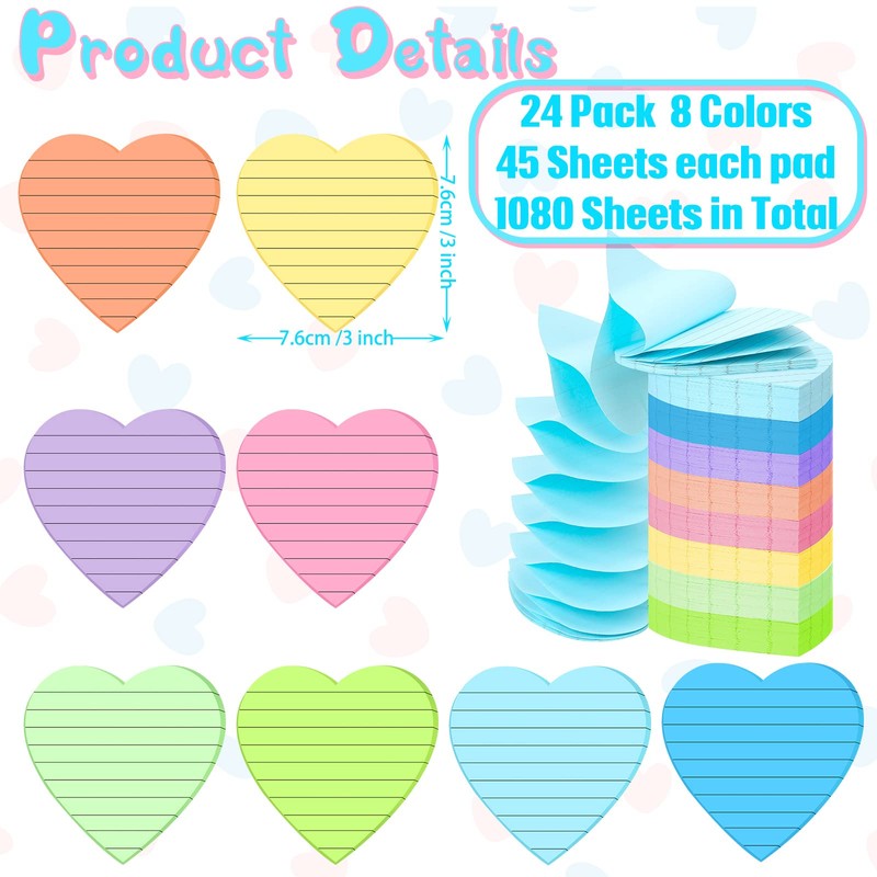 Teling 24 Pcs Heart Shape Lined Sticky Notes Cute Sticky