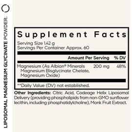 Codeage Suplemento de glicinato de magnesio en polvo, suministro para 2 meses, quelato de bisglicinato de magnesio, sin sabor, administración liposomal, polvo de magnesio quelado.