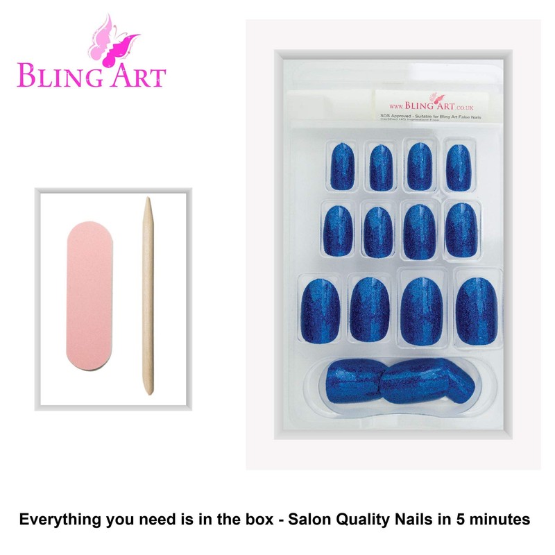 Bling Art Oval False Nails Fake Acrylic Gel Blue Full