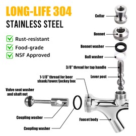 Standard Beer Faucet 304 Stainless Steel Core Beer Tap Faucet for Kegerator Tower Beer Keg Tap Dispenser System Beer Shanks, Smooth Pouring Polished Draft Beer Tower Faucet with Dust Plugs Brush(2PCS)