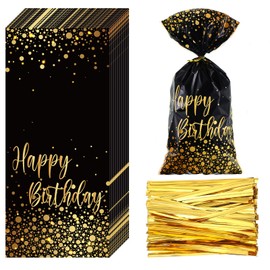 Leinuosen 100 Pcs Happy Birthday Bags Small Black Gold Cellophane Treat Dot Goodie Party Favor Candy Bags with 100 Golden Twist Ties Cookie Packaging for Birthday Party Supplies