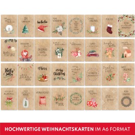 Weihnachtskarten Set (32 Stück) mit unterschiedlichen Motiven - A6, für Weihnachten - Eine Christmas Postkarte für jeden deiner Liebsten - Coole Weihnachtspostkarten mit und ohne Sprüche