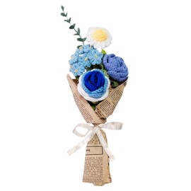 KWQBHW Knitting Crochet Flower Bouquet Handmade Rose Flowers Fake Sunflower Rose Daisy with Green Leaves for DIY Home Table Decor, Blue