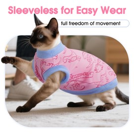 DENTRUN Sleeveless Cat Vest with Dinosaur Print, Breathable Ultra-Soft Dralon Fleece Cat Sweater, All-Season Pet Costume Apparel for Cats, Kitten Clothing for Indoor/Outdoor, Pink, XXL