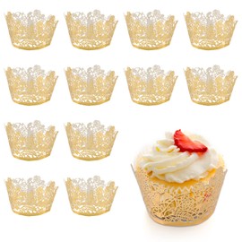 URROMA Gold Rose Lace Cupcake Wrappers, Vine Lace Cupcake Liners Laser Cut Cupcake Liners for Weddings Birthdays Tea Parties