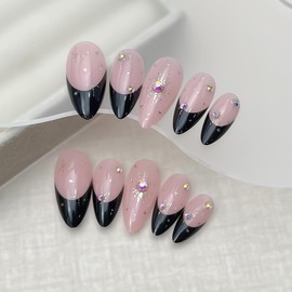 24Pcs Star Press on Nails Medium Almond Fake Nails Stars with Colorful Rhinestones Glitter Design Full Cover Stick on Nails Black French Tip False Nails for Women Girls Artificial Acrylic Manicure