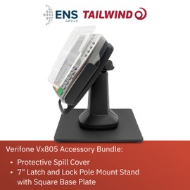 ENS Tailwind Verifone Vx805 7" Latch and Lock Compact Pole Mount PIN Pad Stand with Full Device Protective Spill Cover and Square Freestanding Mobility Base Plate, Black