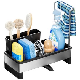 Neusky Black Stainless Steel Sink Organiser - With Brush Holder, Sponge Holder, Cloth Holder, Tea Towel Bar & Soap Dispenser, Rustproof (Black)