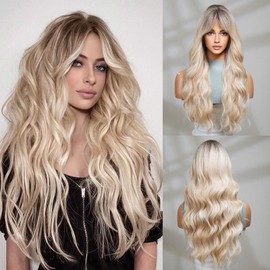 Ombre Blonde Wig with Bangs Platinum Blonde Wigs for White Women 26 Inches Long Wavy Wigs Womens Ombre Curly Wig Synthetic Natural Looking Hair Replacements Wigs for Women Cosplay Daily Party Use