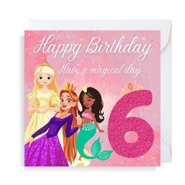 Second Ave Cute Pink Princess 6th Birthday Age 6 Square Children's Kids Birthday Greeting Card for Girl