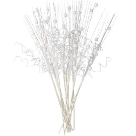 16Pcs Glitter Christmas Tree Picks Curly Sprays Sparkle Artificial Berry Stems Twigs 17" Ting Branches Vase Fillers Decorative Sticks for Xmas Tree Decorations Winter Wreath DIY Crafts (16, White)