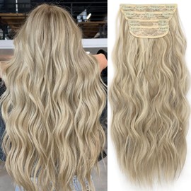 KooKaStyle Clip in Synthetic Highlight Hair Extensions Long Wavy 4PCS Thick Hairpieces Ash Brown mix Platinum Blonde Fiber Double Weft Natural Hair Extensions 20 Inch for Women