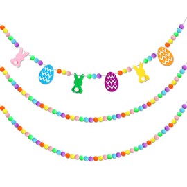Breling Guirnalda de fieltro de Pascua de 3 piezas de 10 pies de colores con pompones de fieltro, guirnalda de huevos de conejo, pancartas de Pascua para decoración de chimenea, habitación colgante