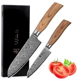 Wakoli Edib Pro Premium 2 Piece Santoku Damascus knife set with 11 and 16 cm blades made of 67 layers of genuine Damascus steel with Pakka wood handle, professional Damascus knife kitchen knife set