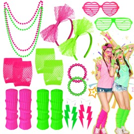 2 Sets 80s Neon Party Accessories for Women,Fancy Dress for bosom friend,with Lightning Earrings Necklaces Bracelets Fishnet Gloves Headband Glasses Leg Warmers, Retro Parties Hen Do Parties Girls