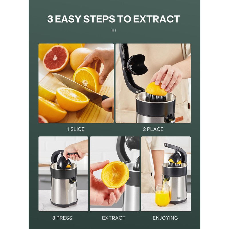 Professional Brushed Stainless Steel Electric Citrus Juicer, 2 Interchangeable Cones