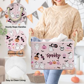 Casuru Halloween Ghost Basket Pink Boo Spooky Basket with Handles Foldable Halloween Gifts Storage Bins for Clothes Books (Pink & White, 15x10x10 Inch)